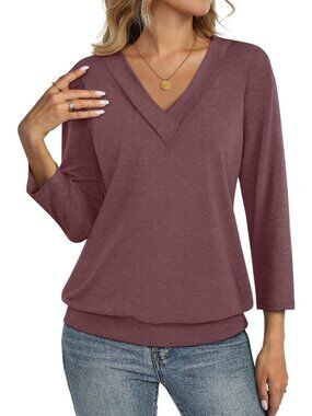 Women's Burgundy V Neck Cotton Banded Bottom 3/4 Sleeve Shirts Casual Blouses